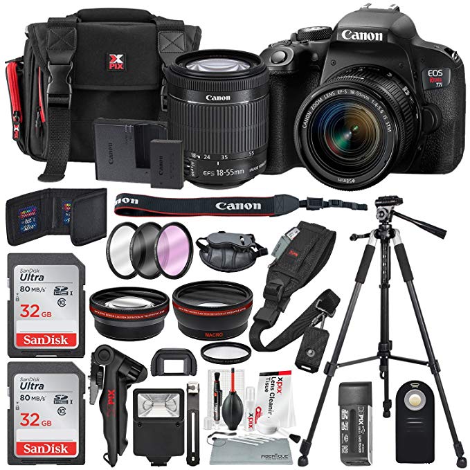 Canon EOS Rebel T7i DSLR Camera with EF-S 18-55mm f/4-5.6 Lens and 2X Professional 32GB, 58mm Telephoto & Wide-angle Lens, Filters, Tripods, Flash, Remote, Xpix Lens Accessories