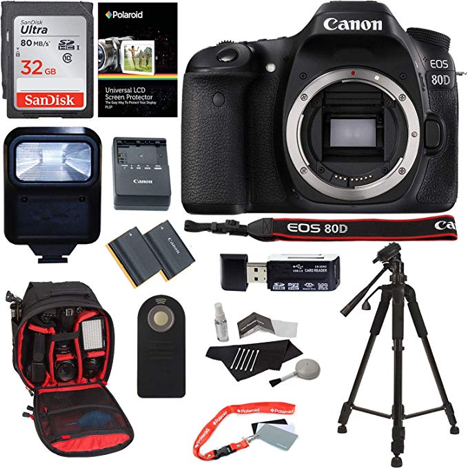 Canon EOS 80D Digital SLR Camera Body, 32GB Memory Card, Ritz Gear Camera Backpack, Camera Flash, Remote Shutter Release, Ritz Gear 57