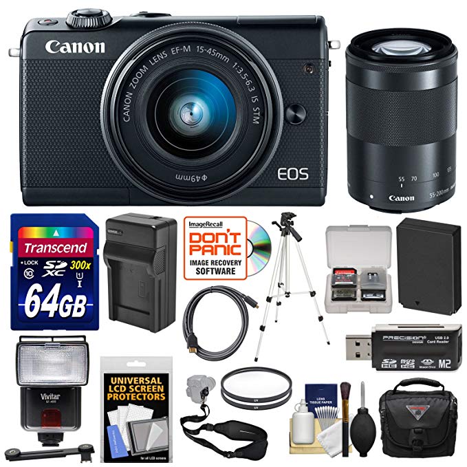 Canon EOS M100 Wi-Fi Digital ILC Camera & EF-M 15-45mm & 55-200mm is STM Lens (Black) with 64GB Card + Battery & Charger + Case + Filters + Strap + Tripod + Flash + Kit