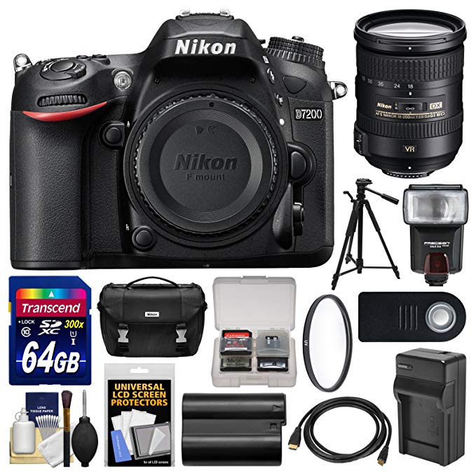 Nikon D7200 Wi-Fi Digital SLR Camera Body with 18-200mm VR II Lens + 64GB Card + Case + Flash + Battery/Charger + Tripod + Kit