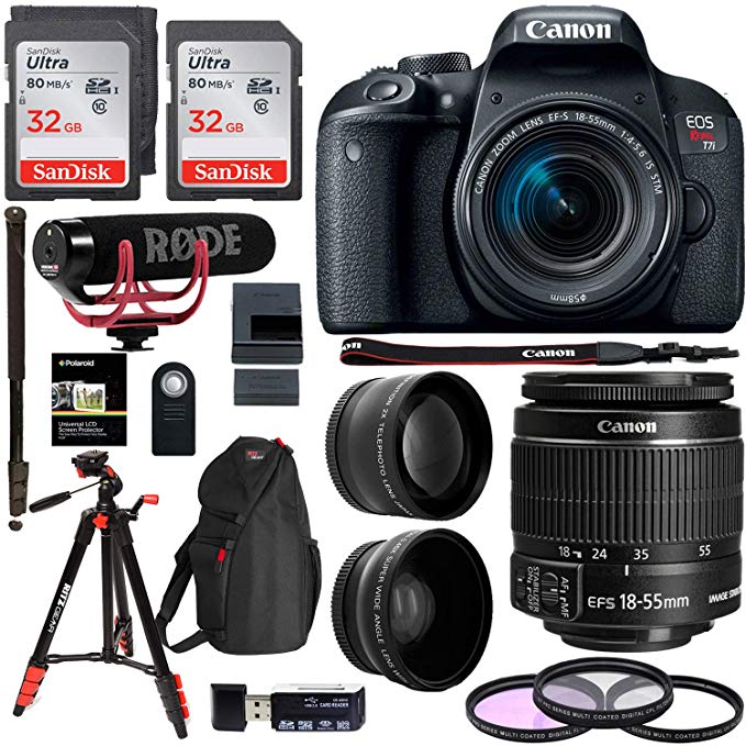 Canon EOS Rebel T7i 18-55mm Video Creator Kit.43x HD Wide Angle Lens, 2.2X HD Telephoto Lens, Sandisk 32GB X 2, Filter Kit, Camera Backpack and Premium Accessory Bundle