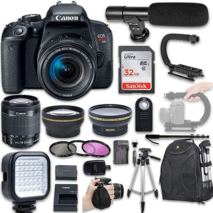 Canon EOS Rebel T7i DSLR Camera with Canon EF-S 18-55mm f/4-5.6 IS STM Lens + Wide Angle Lens + 2x Telephoto Lens + LED Light + 32GB SD Memory Card + New Video Bundle