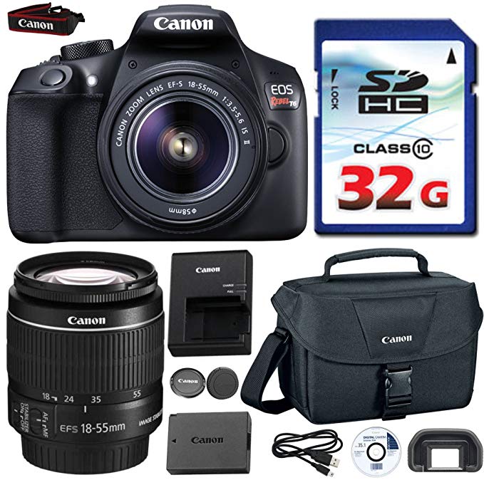 Canon EOS Rebel T6 DSLR 18mp WiFi Enabled + EF-S 18-55mm IS [Image Stabilizer] II Zoom Lens + Canon Professional Gadget Bag + Commander 32GB Class 10 Ultra High Speed Memory Card