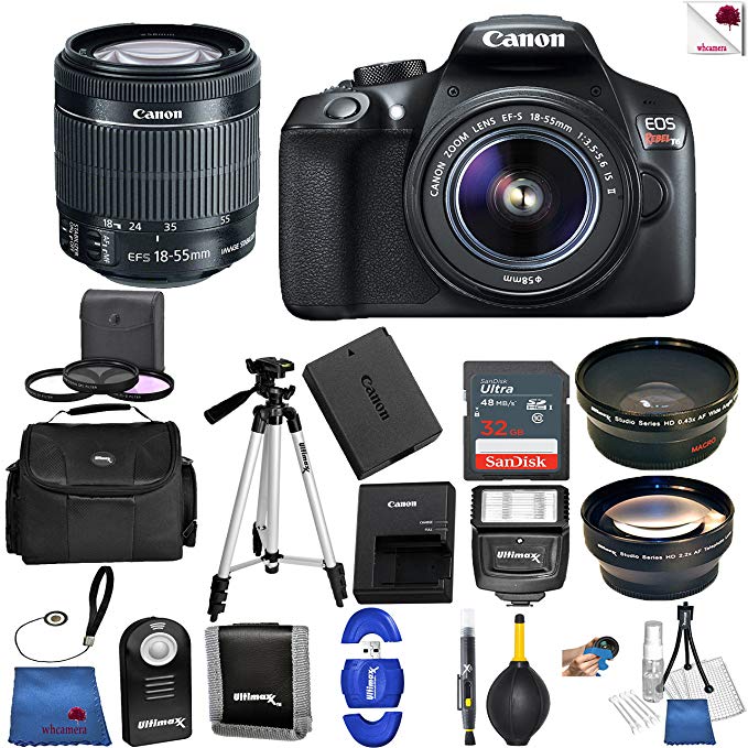 Canon EOS Rebel T6 Digital SLR Camera with 18-55mm EF-S f/3.5-5.6 IS II Lens + 58mm Wide Angle Lens + 2x Telephoto Lens + Case + 32GB SD Memory Card + UV + Tripod + Ultimate Accessory Bundle