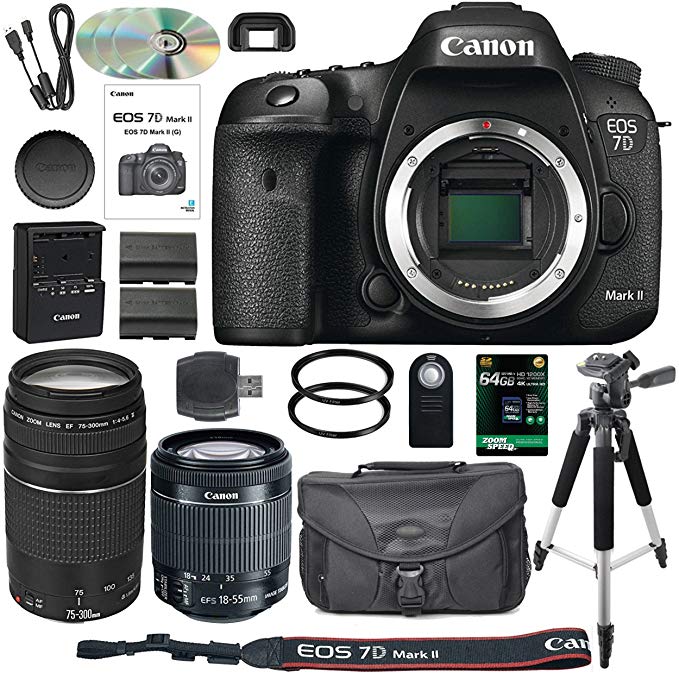 Canon EOS 7D Mark II DSLR Camera Bundle with Canon EF-S 18-55mm IS STM Lens + Canon 75-300mm III Telephoto Lens + 64GB Memory Card + Camera Case - International Version