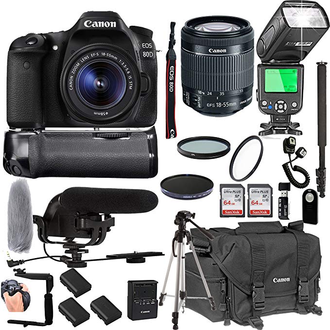 Canon EOS 80D with 18-55mm F/3.5-5.6 is STM Lens + 128GB Memory + Canon Deluxe Camera Bag + Pro Battery Bundle + Power Grip + Microphone + TTL Speed Light + Pro Filters,(23pc Bundle)