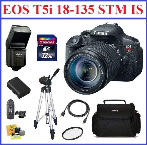 Canon EOS Rebel T5i Digital SLR Camera & EF-S 18-135mm IS STM Lens Pro Bundle with 32GB SDHC Memory Card, Card Reader, Camera Bag, Flash, Full Size Tripod, Mini HDMI Cable, 67mm UV Protection Filter, Extra Battery and Lens Cleaning Kit