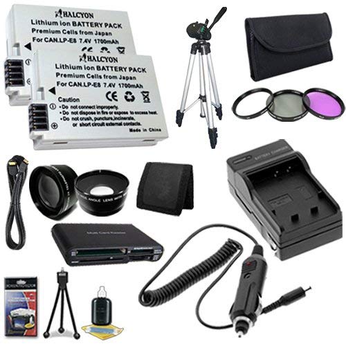 TWO LP-E8 Lithium Ion Replacement Batteries w/Charger + Mini HDMI + Memory Card Reader/Wallet + Deluxe Starter Kit + 3 Piece Filter Kit + Tripod + Wide Angle/Telphoto Lenses for Canon EOS Rebel T2i T3i Digital SLR Camera DavisMAX Bundle