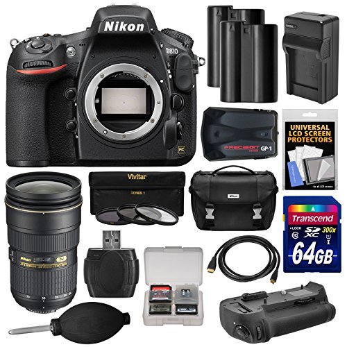 Nikon D810 Digital SLR Camera Body with 24-70mm f/2.8G Lens + 64GB Card + 2 Batteries/Charger + Case + GPS + Grip + Kit