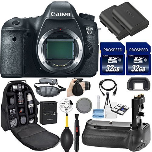 Canon EOS 6D DSLR Camera (Body Only). Kit Includes, 2Pcs 32GB Commander MemoryCard + Battery Grip + Extra Battery + Backpack Case + Grip Strap + Air Blower + Cleaning Kit