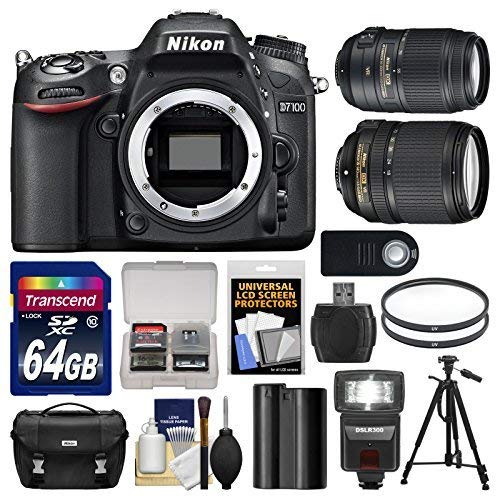 Nikon D7100 Digital SLR Camera Body with 18-140mm & 55-300mm VR Lens + 64GB Card + Case + LED Flash + Battery + Tripod Kit