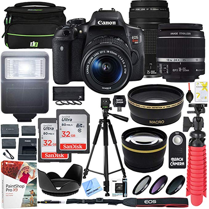 Canon EOS Rebel T6i DSLR Camera with EF-S 18-55mm f/3.5-5.6 is II and EF 75-300mm f/4-5.6 III Lens and 2X 16GB Memory Card Plus Triple Battery Accessory Bundle