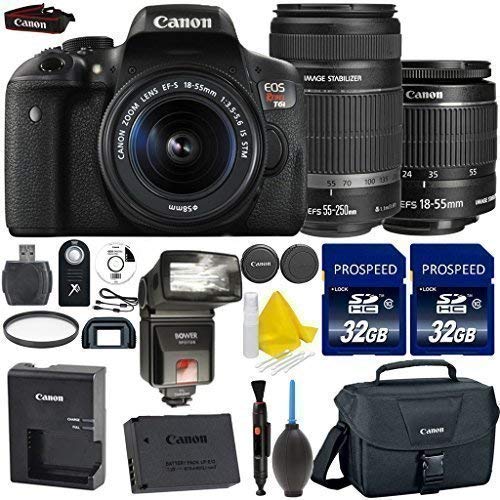 Canon EOS Rebel T6i 24.2MP WiFi Enabled Digital SLR Camera + Canon EF-S 18-55mm IS STM + Canon EF-S 55-250mm IS STM + 2pc High Speed 32GB Memory Cards + UV Filter + Dedicated TTL Flash