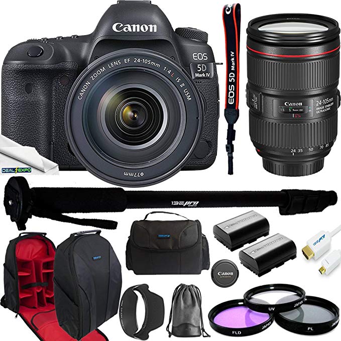 Canon EOS 5D Mark IV Full Frame Digital SLR Camera with EF 24-105mm f/4L IS II USM Lens Kit + 2X High Capacity LP-E6 Replacement Batteries + I3e-Pro Camera Gadget Bag + Expo Accessories Bundle