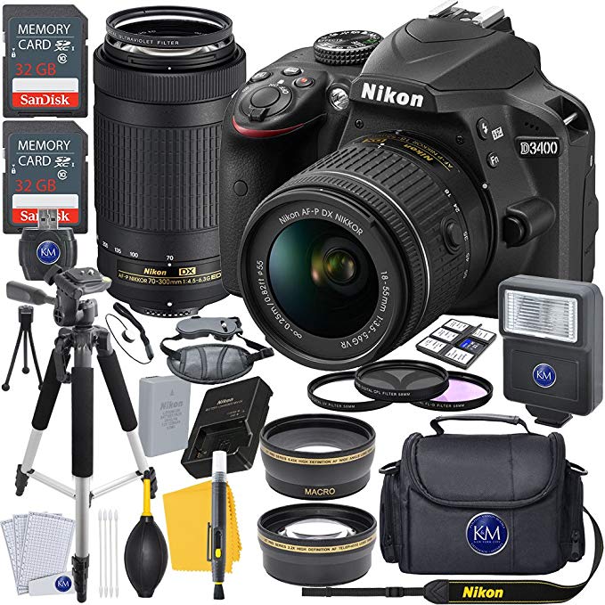 Nikon D3400 DSLR Camera (Black) w/ 18-55mm & 70-300mm Lens + 2 X 32GB Card + Deluxe Photo Bundle