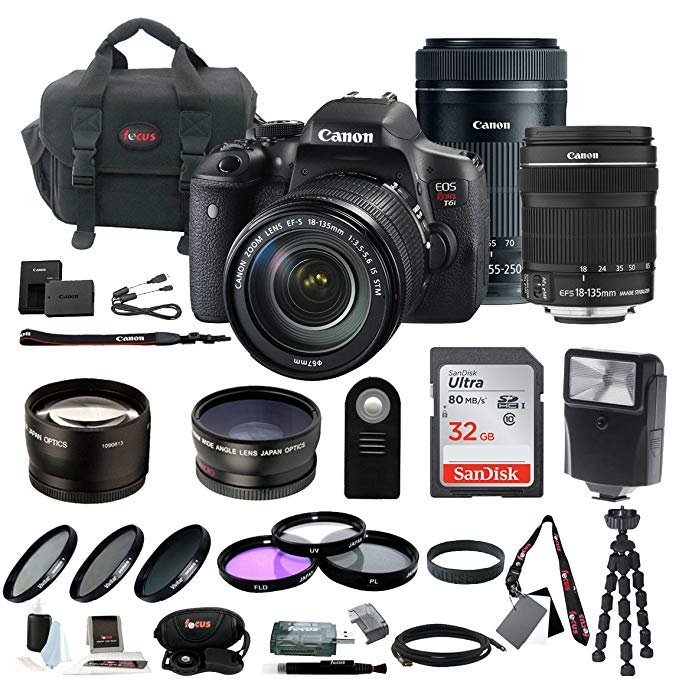 Canon EOS Rebel T6i DSLR with 18-135mm & 55-250mm Lens and 32GB SDHC Accessory Bundle