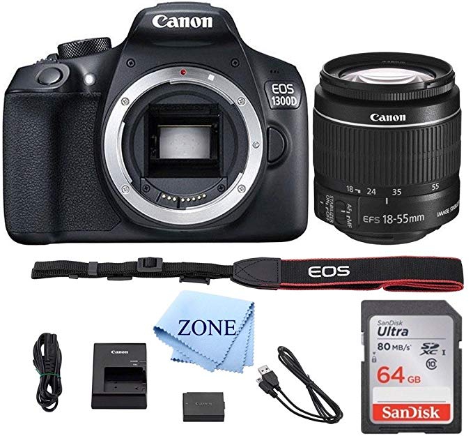 Canon EOS T6 / 1300D with EF-S 18-55mm 18.7MP CMOS 5184 x 3456 Pixels (Black) + 64GB SD Card + Digital Camera Cleaning Cloth