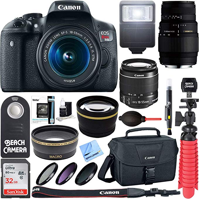 Canon EOS Rebel T6i Digital SLR Camera Wifi + EF-S 18-55mm IS & Sigma 70-300mm Lens Kit + Accessory Bundle 64GB SDXC Memory + DSLR Photo Bag + Wide Angle Lens + 2x Telephoto Lens +Flash+Remote+Tripod