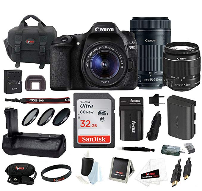 Canon EOS 80D Digital Camera: 24 Megapixel 1080p HD Video DSLR Bundle with 18-55mm & 55-250mm Lens 32GB SD Card Battery Grip Filters and Travel Charger - Professional Vlogging Sports & Action Cameras