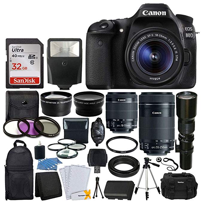 Canon EOS 80D DSLR Camera Body + Canon EF-S 18-55mm + Canon EF-S 55-250mm Lens & Telephoto 500mm f/8.0 (Long) + Wide Angle Lens + 58mm 2X Lens + Macro Filter Kit + 32GB Memory Card + Accessory Bundle