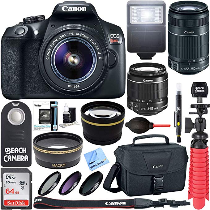 Canon EOS Rebel T6 Digital SLR Camera Wifi + 18-55mm & 55-250mm IS II Lens Kit + Accessory Bundle 64GB SDXC Memory + DSLR Photo Bag + Wide Angle Lens + 2x Telephoto Lens + Flash+Remote+Tripod