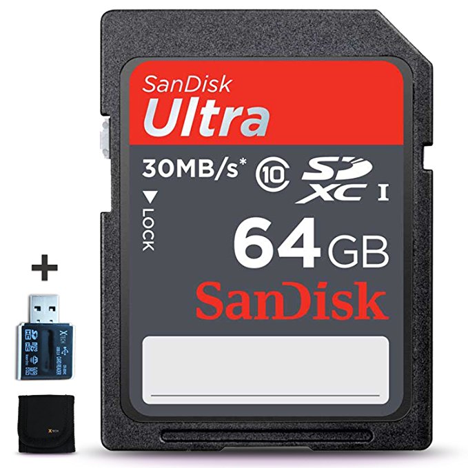 SanDisk 64GB Ultra Class 10 SDXC UHS-I Memory Card + Xtech Card Reader for Nikon DSLR Cameras including Nikon D850 D750 D500 D810 D3400 D3300 D5600 D5500 D7500 D7200 D7100 D7000 (64GB SD Memory Card)