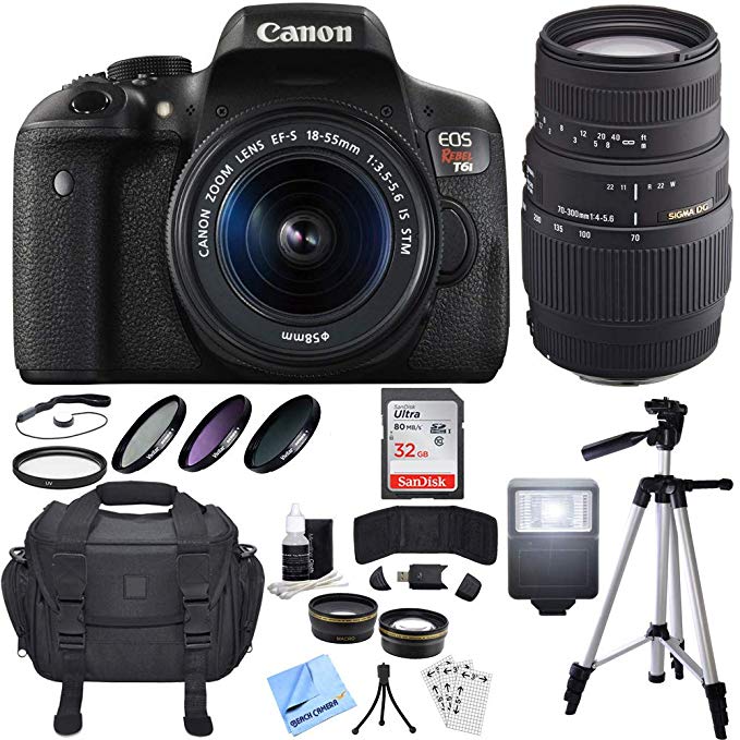 Canon EOS Rebel T6i DSLR Camera w/ 18-55mm and 70-300mm Lens Bundle includes Rebel T6i, 18-55mm Lens, 70-300mm Lens, 32GB SDHC Memory Cards, Bag, Tripod, Beach Camera Cloth and More