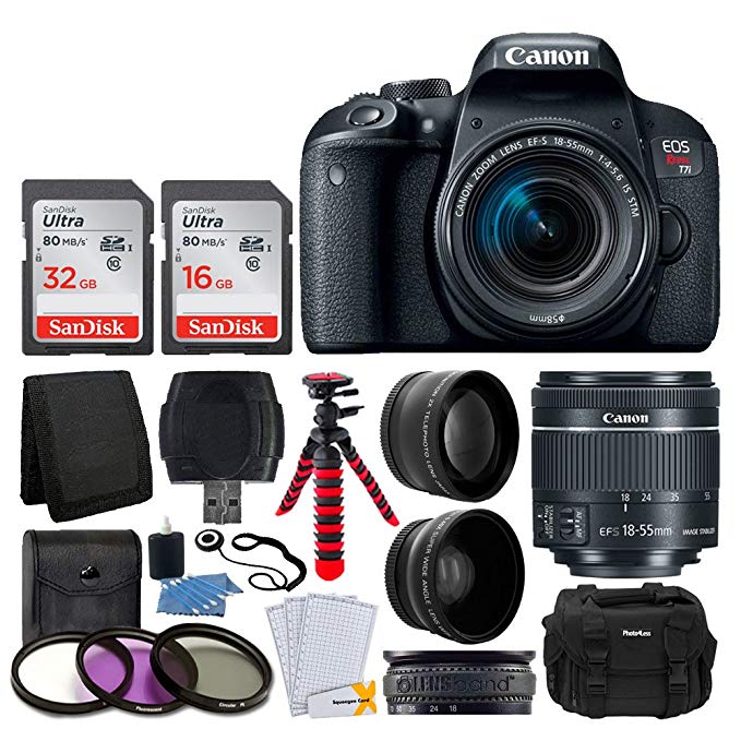 Canon EOS Rebel T7i Digital SLR Camera with EF-S 18-55mm f/4-5.6 is STM Lens + 58mm Wide Angle Lens + 2X Telephoto Lens + 48GB SD Memory Card + UV Filter Kit + Flexible Tripod - Full Accessory Bundle