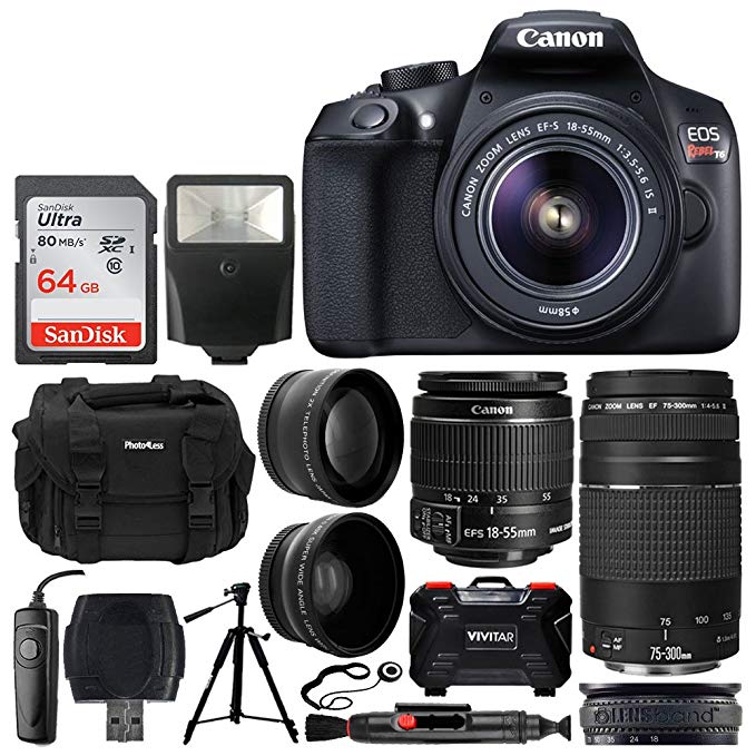 Canon EOS Rebel T6 Digital SLR Camera + EF-S 18-55mm f/3.5-5.6 IS II Lens + EF 75-300mm f/4-5.6 III Lens + 64GB Memory Card + DC59 Gadget Bag + Slave Flash + Tripod + Remote + Lens Band + Accessories