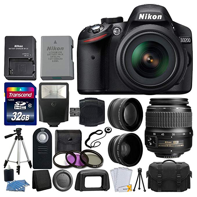 Nikon D3200 24.2 MP CMOS DSLR Camera (Black) + 18-55mm ED II AF-S DX Zoom Lens + 52mm 2x & Wide Angle Lens + Gadget Bag + Wireless Remote + Transcend 32GB Card - International Version (No Warranty)