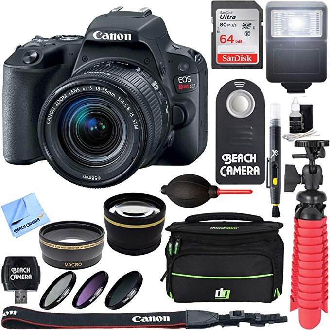 Canon EOS Rebel SL2 Digital SLR Camera + EF S 18-55mm is STM Lens Kit + Accessory Bundle 64GB SDXC Memory +Deco Gear DSLR Bag + Wide Angle Lens + 2X Telephoto Lens + Flash + Remote + Tripod & More