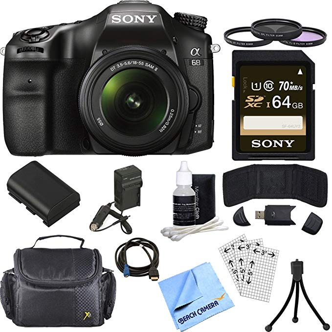 Sony ILCA68K/B a68 A-Mount Digital Camera 18-55mm Zoom Lens Bundle includes ILCA68/B Camera, 18-55mm Zoom Lens, 55mm Filter Kit, 64GB SDXC Memory Card, Deluxe Bag, Beach Camera Cloth and More!