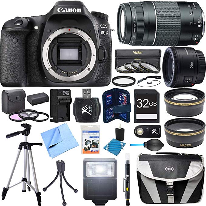 Canon EOS 80D CMOS Digital SLR Camera Super Bundle includes Camera, 50mm Lens, 75-300mm Lens, 58mm Filter Kit, 32GB SDHC Memory Card, Tripod, Gadget Bag, Cleaning Kit, Beach Camera Cloth and More!