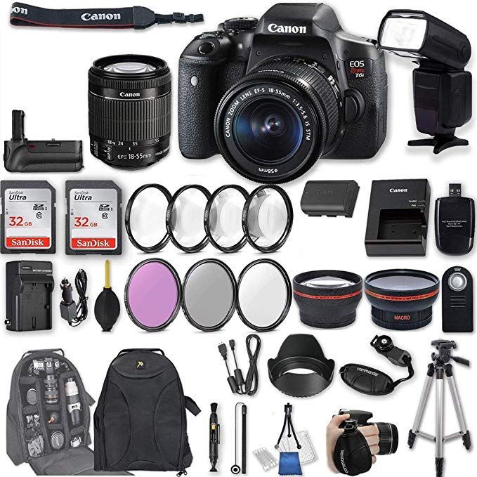 Canon EOS Rebel T6i DSLR Camera EF-S 18-55mm f/3.5-5.6 is STM Lens + 2Pcs 32GB Sandisk SD Memory + Universal Flash + Battery Grip + Filter & Macro Kits + Backpack + 50