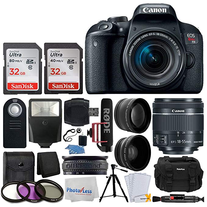 Canon EOS Rebel T7i DSLR Camera with 18-55mm Lens Video Creator Kit + 64GB Memory Card + 58mm Wide Angle + 2x Telephoto Lens + Wireless Remote + Slave Flash + Quality Tripod + Deluxe Accessory Bundle