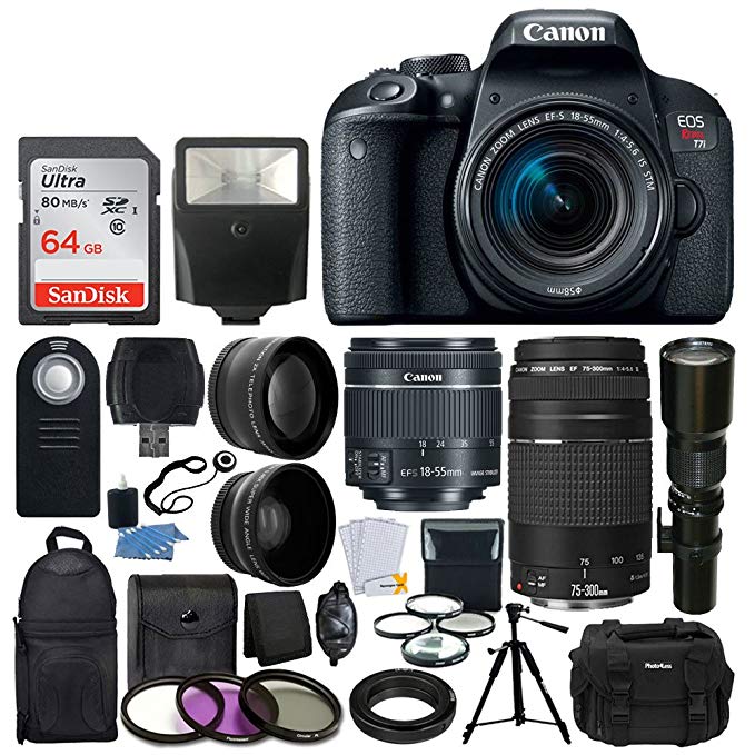 Canon EOS Rebel T7i DSLR Camera + Canon EF-S 18-55mm is STM Lens + Canon EF 75-300mm III Lens + Wide Angle & Telephoto Lens + Telephoto 500mm f/8.0 (Long) + 64GB Card + Slave Flash + Valued Bundle