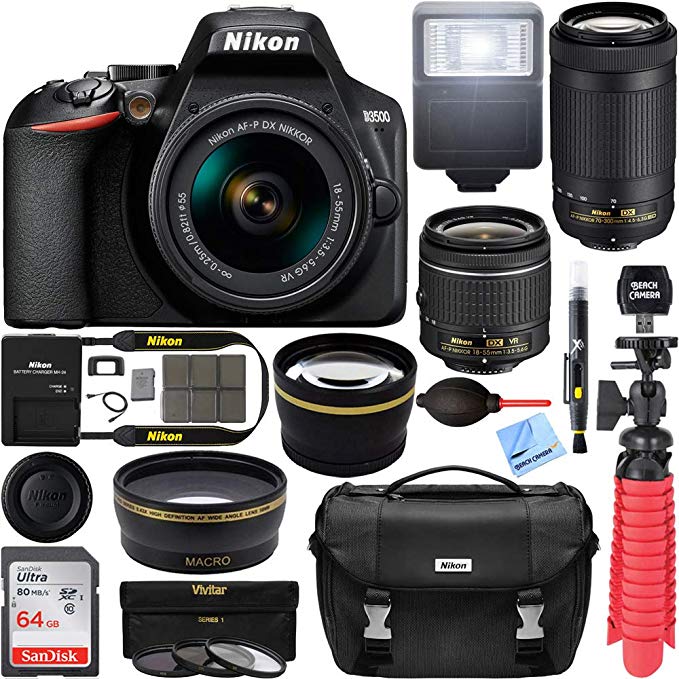 Nikon D3500 DSLR Camera w/AF-P DX 18-55mm & 70-300mm Zoom Lens 64GB Accessory Bundle