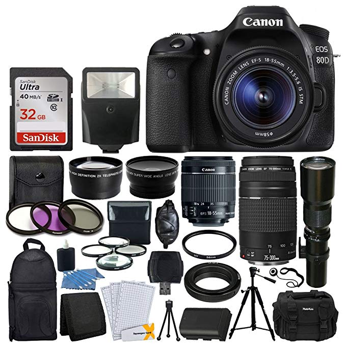 Canon EOS 80D DSLR Camera Body + Canon EF-S 18-55mm is STM & EF 75-300mm III Lens + 58mm 2X Lens + Wide Angle Lens + 32GB Memory Card + Flash + Quality Tripod + 3 Piece UV Filter Kit + Value Bundle