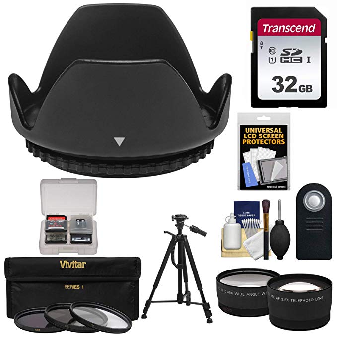 Essentials Bundle for Nikon D3200, D3300, D5200, D5300 & D5500 Digital SLR Camera & 18-55mm VR Lens with 32GB Card + 3 UV/CPL/ND8 Filters + Hood + Tripod + 2 Lenses Set + ML-L3 Remote Kit