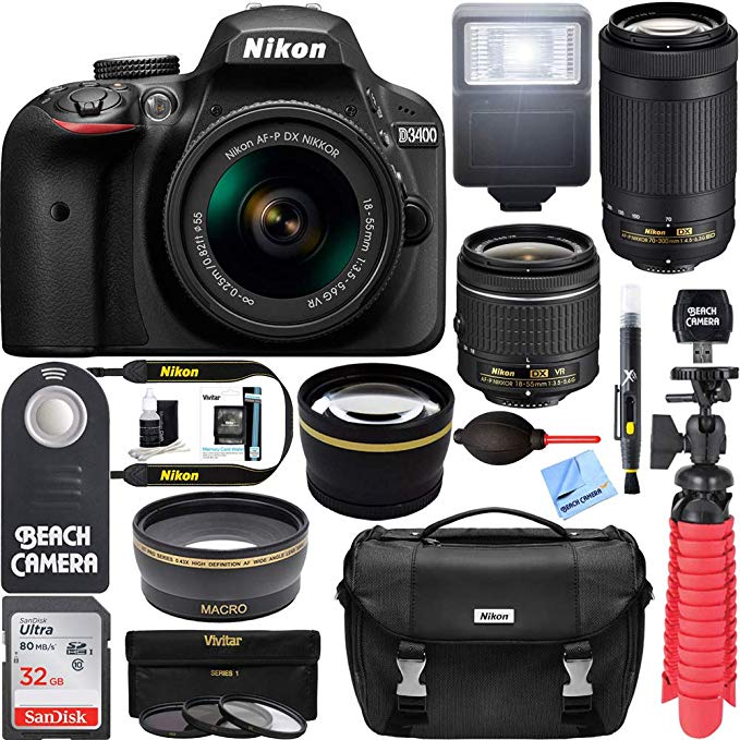 Nikon D3400 DSLR Camera + AF-P DX 18-55mm +70-300mm NIKKOR Zoom Lens Bundle Kit
