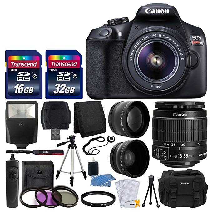 Canon EOS Rebel T6 Digital SLR Camera with 18-55mm EF-S f/3.5-5.6 is II Lens + 58mm Wide Angle Lens + 2X Telephoto Lens + Flash + 48GB SD Memory Card + UV Filter Kit + Tripod + Full Accessory Bundle