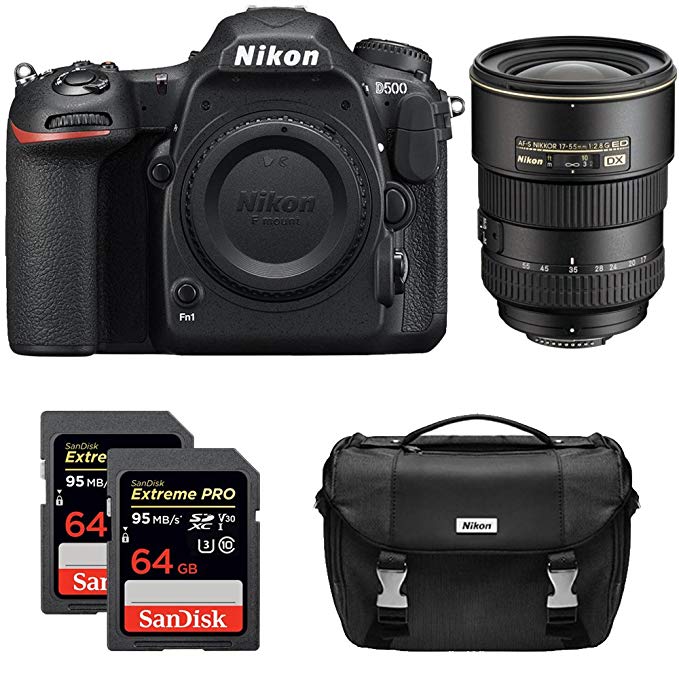 Nikon D500 CMOS DX DSLR Camera w/ 4K Video (Body) + 17-55mm F/2.8G ED-IFAF-S DX Zoom Lens + 2x Lexar 64GB Professional 1000x SDHC/SDXC Class 10 Memory Card + Deluxe DSLR Camera Bag