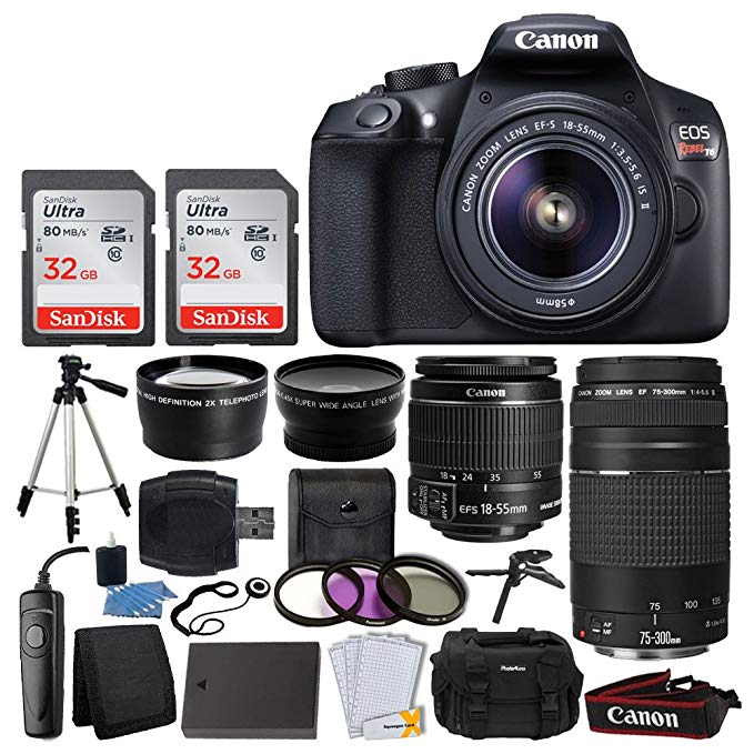 Canon EOS Rebel T6 Digital SLR + Canon EF-S 18-55mm IS II & EF 75-300mm III Lens + 58mm 2x Lens + Wide Angle Lens + Wired Remote + Extra Battery + 64GB Card + Quality Tripod + Tabletop Tripod/Handgrip