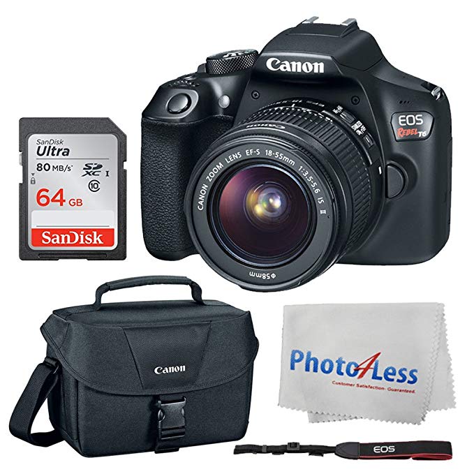 Canon EOS Rebel DSLR T6 Camera Body + Canon EF-S 18-55mm f/3.5-5.6 IS II Lens + Canon EOS Shoulder Bag 100ES (Black) + SanDisk Ultra SDXC 64GB 80MB/S C10 Flash Memory Card + Deluxe Canon Bundle