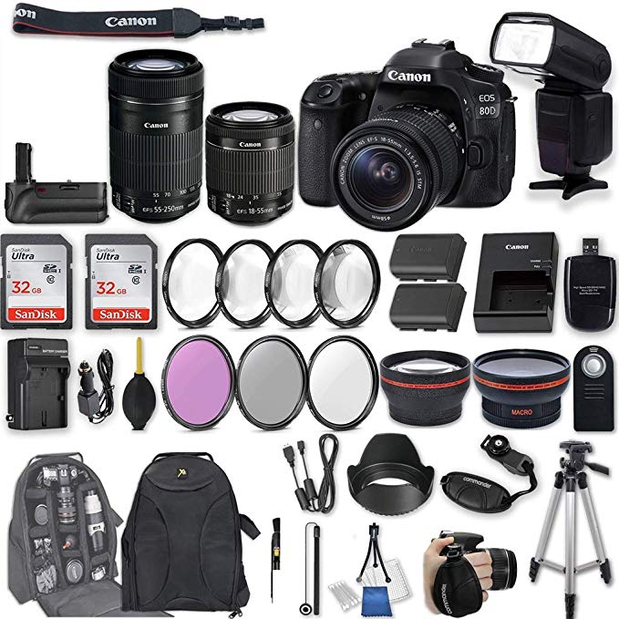 Canon EOS 80D DSLR Camera with EF-S 18-55mm f/3.5-5.6 is STM Lens + EF-S 55-250mm f/4-5.6 is STM Lens + 2Pcs 32GB Sandisk SD Memory + Universal Flash + Battery Grip + Filter & Macro Kits + More