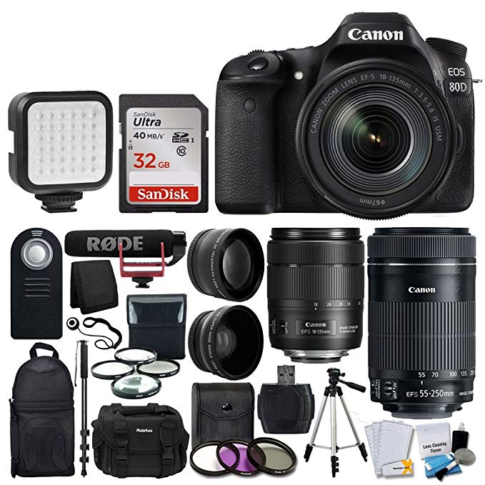 Canon EOS 80D Video Creator Kit DSLR Camera with 18-135mm Lens + Wide Angle & Telephoto Lens + SanDisk 32GB Card + Wireless Remote + Video Monopod + DC59 Gadget Bag + Slave Flash + Accessory Bundle