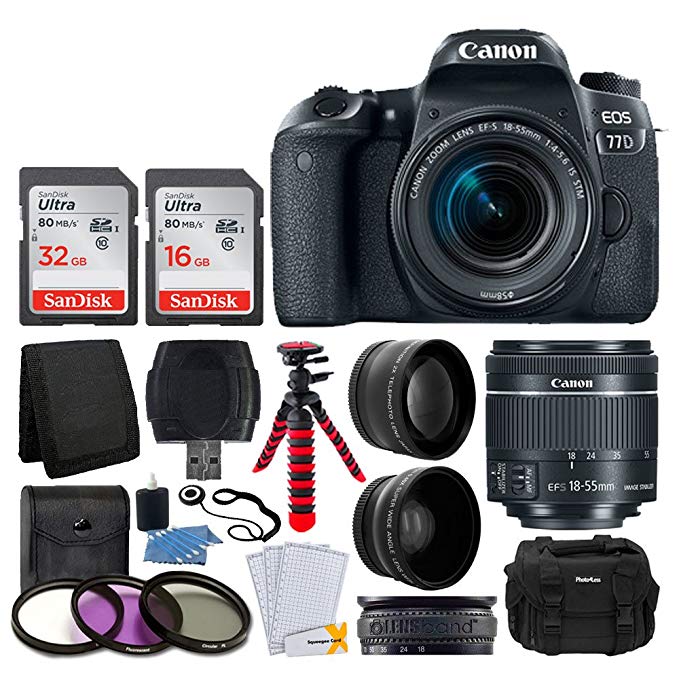 Canon EOS 77D DSLR Camera + EF-S 18-55mm f/4-5.6 IS STM Lens + 58mm Wide Angle Lens + 2x Telephoto Lens + 48GB SDHC Memory Card + UV Filter Kit + Flexible Tripod + DC59 Camera Case + Accessories