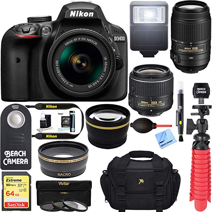 Nikon D3400 24.2 MP DSLR Camera + VR Lens Kit + Bundle 64GB SDXC Memory + Photo Bag+Wide Angle Lens + 2x Telephoto+Flash+ Remote +Tripod+Filters (18-55mm & 55-300mm Dual VR Zoom Lens Package (Black)