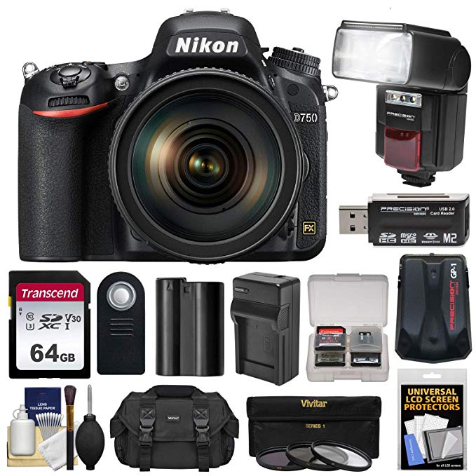 Nikon D750 Digital SLR Camera & 24-120mm f/4 VR Lens with 64GB Card + Battery & Charger + Case + GPS Adapter + Filters + Flash + Kit