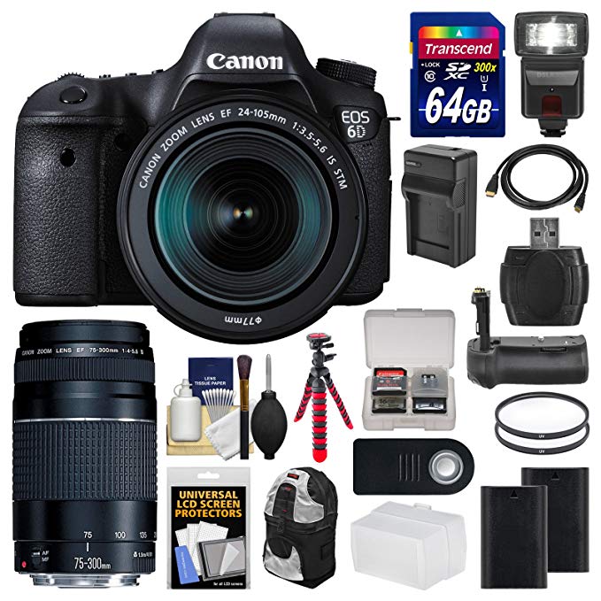 Canon EOS 6D Digital SLR Camera Body + EF 24-105mm IS STM & 75-300mm III Lens + 64GB Card + Backpack + Flash + Batteries/Charger + Grip + Tripod Kit